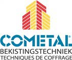 Logo firmy Cometal specjalizującej się w technologiach szalunkowych, przedstawiające abstrakcyjny budynek w kolorach żółtym i czerwonym, z nazwą firmy i hasłem w języku niderlandzkim i francuskim.